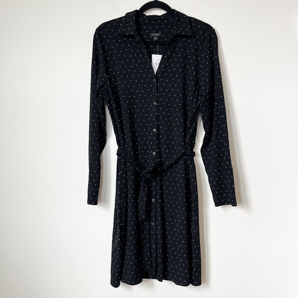 NEW J.Jill Wearever Collection Whim Dot Print Button Up Dress Women Medium Black